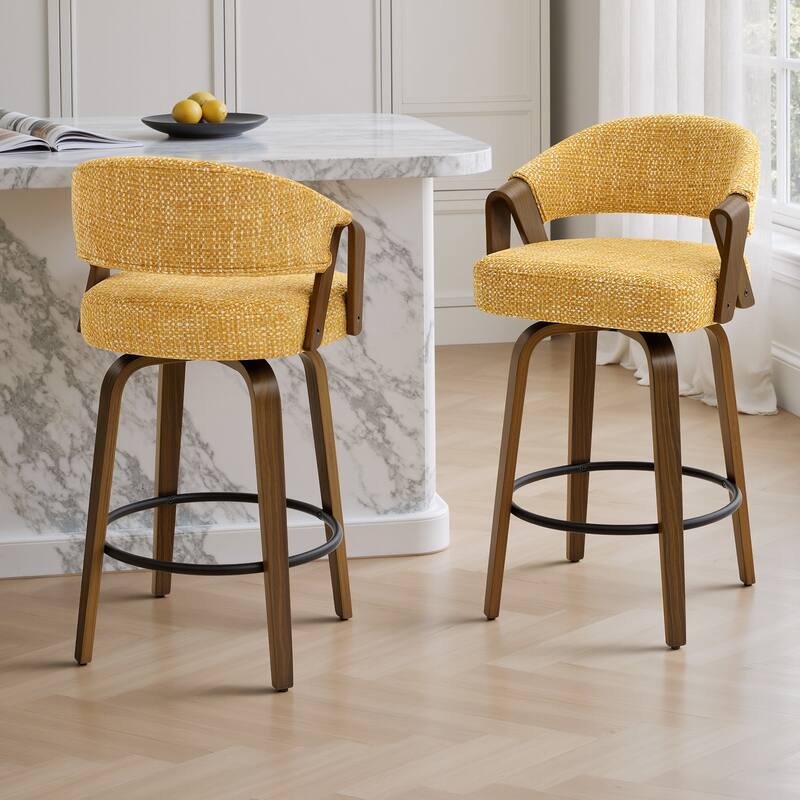 Mid-Century Upholstered Swivel Bar Stool/ Counter Stools with Curved Back - 37.5"H x 20.9"W x 19.9"D