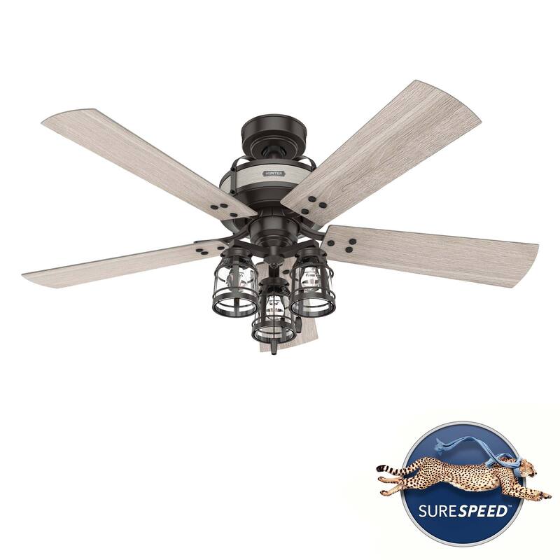 Hunter 52" Oakland Noble Bronze Ceiling Fan with LED Light and Pull Chain - Farmhouse - Caged - Rustic - SureSpeed Technology!
