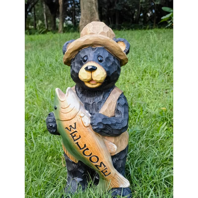 Standing Bear with Fish Welcome Outdoor Garden Sign - 18"