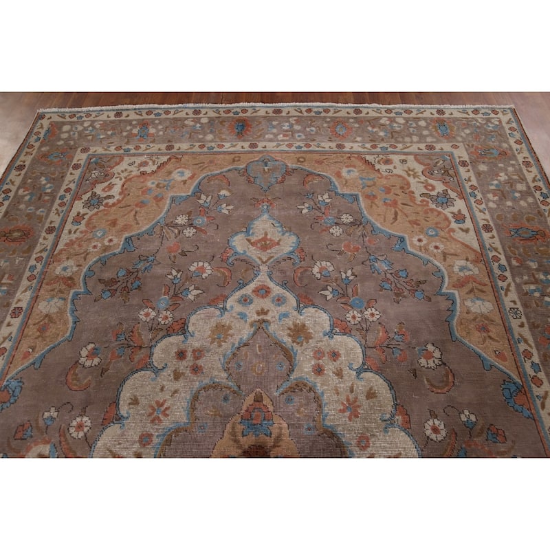 Brown Tabriz Vintage Persian Area Rug Hand-Knotted Wool Carpet - 8'1" x 10'10"