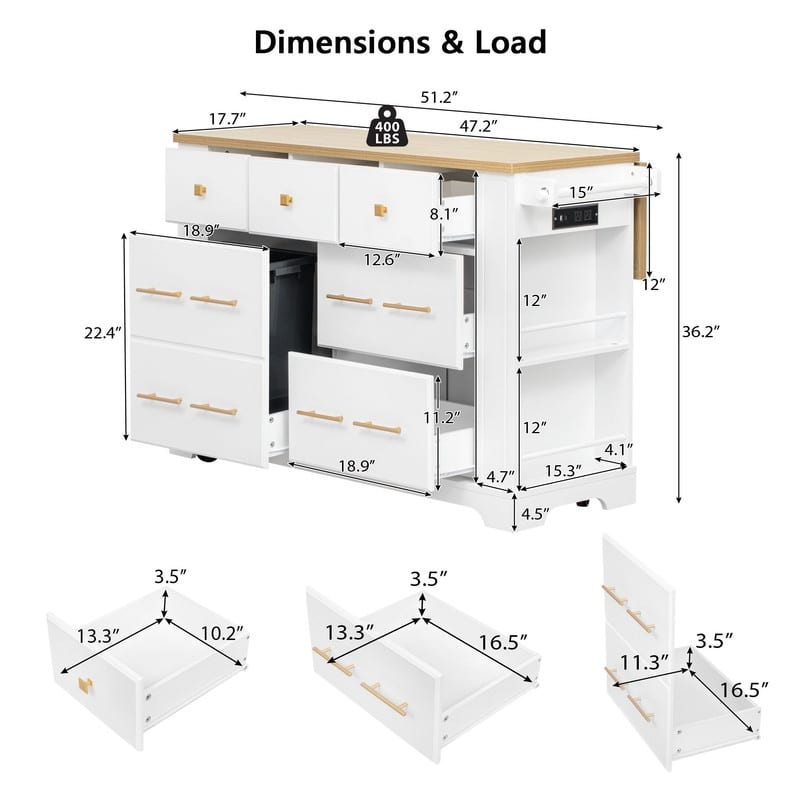 51.2" Rolling Kitchen Island with Drop Leaf, Kitchen Island with 6 Drawers, Pull Out Trash Can Storage and Power Outlet