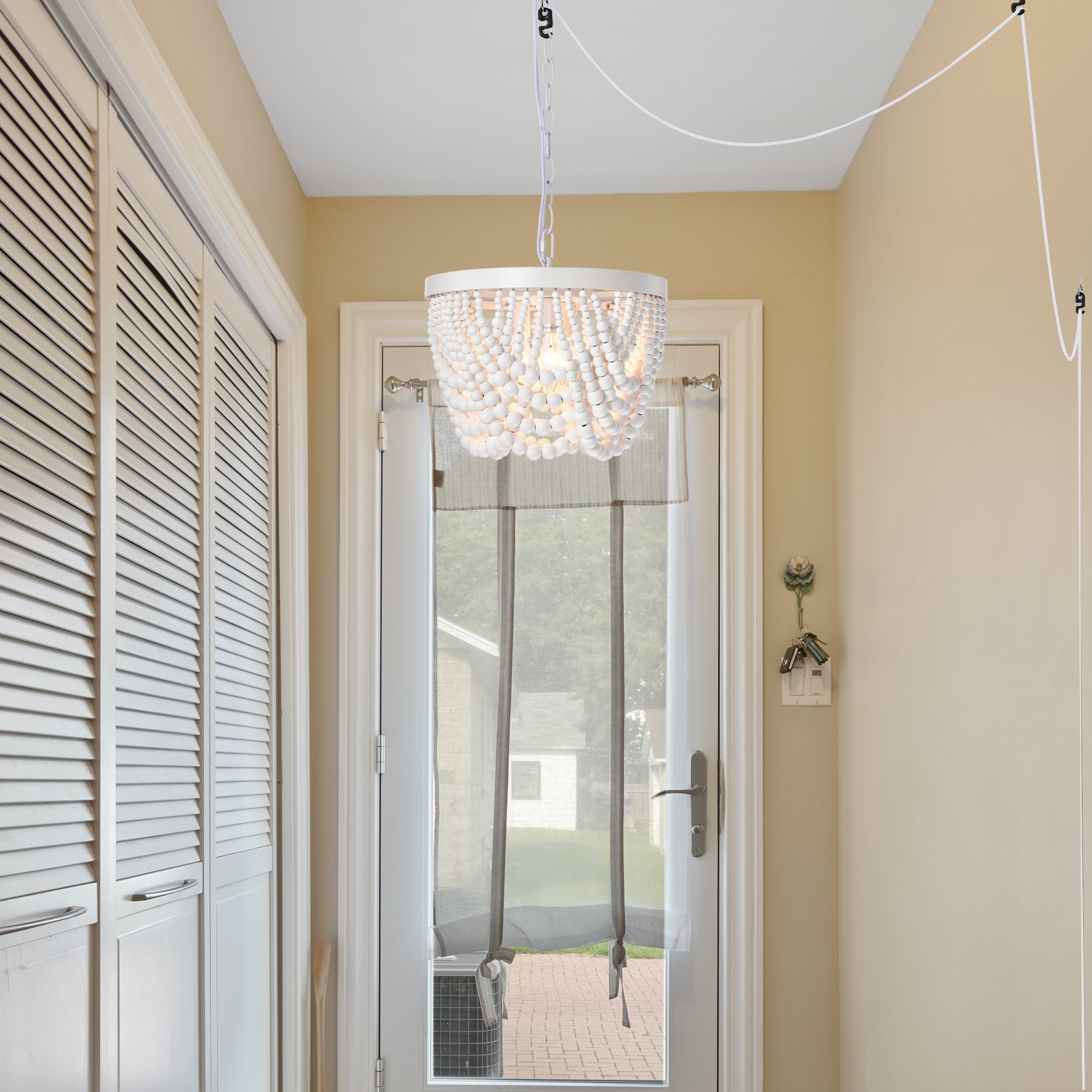 Boho Plug in Wood Beaded Chandelier 3 Light Wood Bead Light White Light