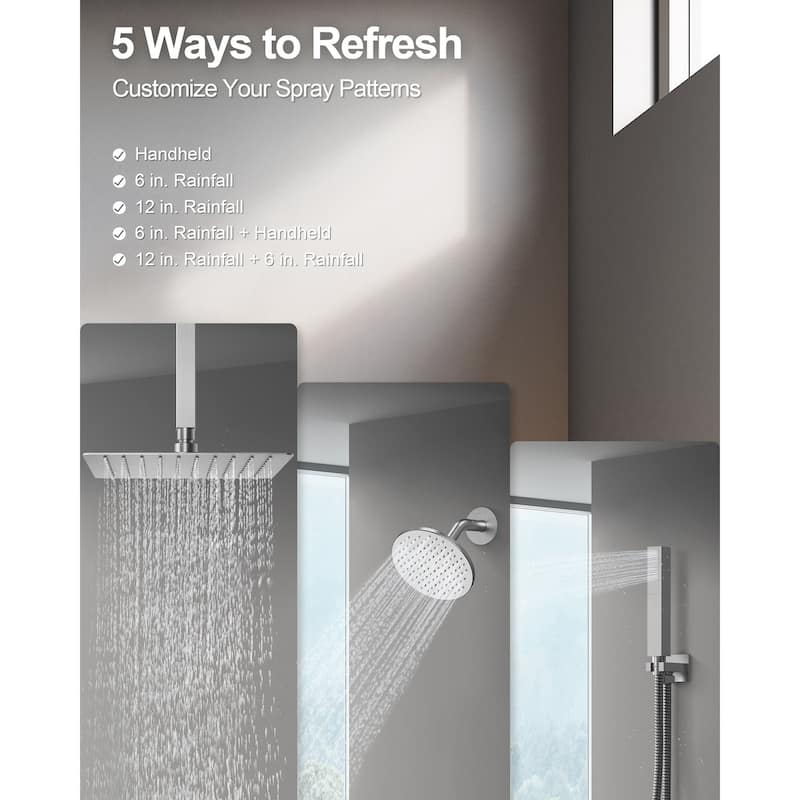 GRANDJOY Thermostatic Shower Faucet Set 12" Ceiling and 6" Wall Mount Rainfall Dual Shower Heads with Handheld Spray Combo