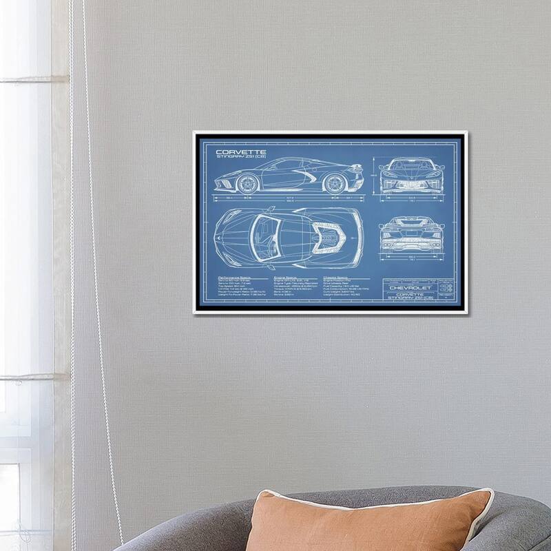 iCanvas "Corvette (C8) Stingray Blueprint" by Action Blueprints Framed Canvas Print