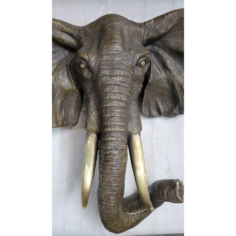 Wall Mounted Hanging Bronze Imitative Elephant Head Bust Sculpture Statue Decor Signed Original Art