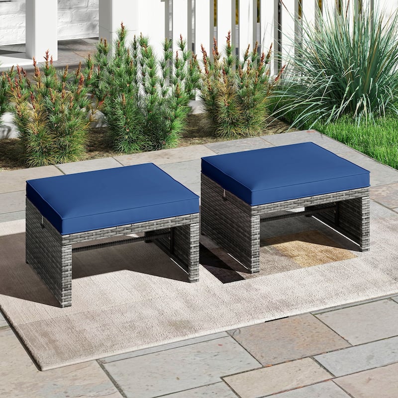 PE Rattan Outdoor Ottomans with Cushions, Footrest Seats or Tables - 16" L x 19" W x 9.5" H - Blue