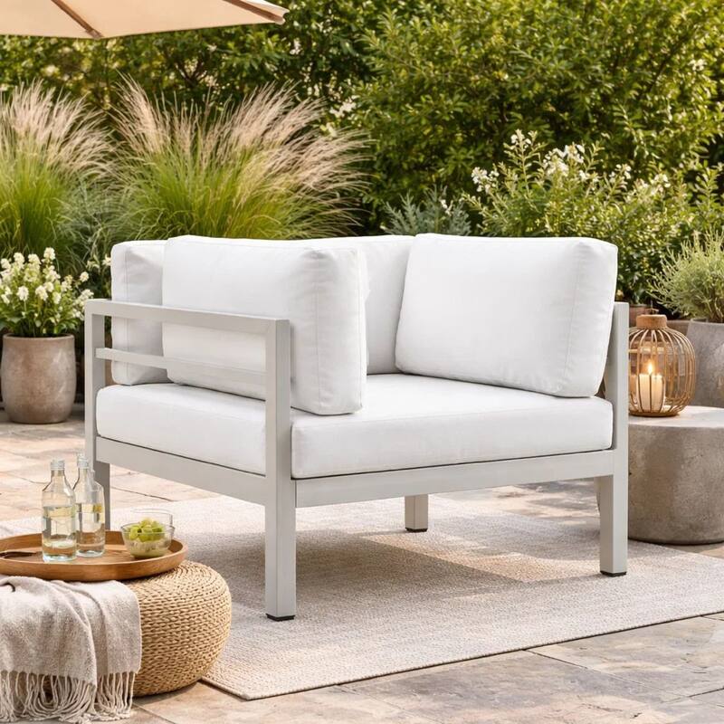 Cilo 34 Inch Outdoor Armchair, White Aluminum, Water Resistant Cushions