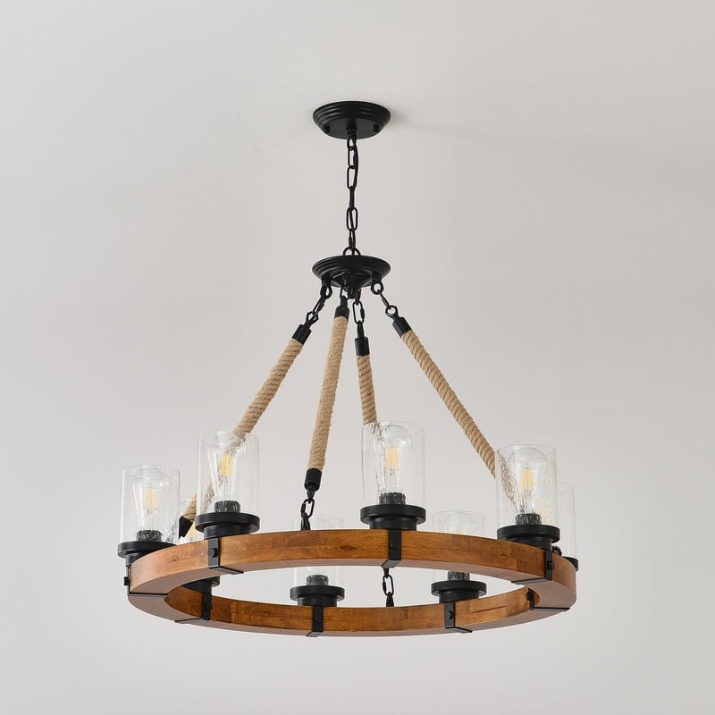 Farmhouse Wagon Wheel Chandelier Round Wood Pendant Lighting Fixture for Dining Room