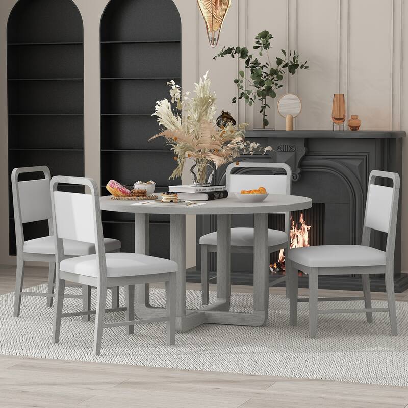 5 Piece Dining Table and Chair Set, Wooden Kitchen Dining Table Set with Round Dining Table and 4 Upholstered Chairs - Antique Gray