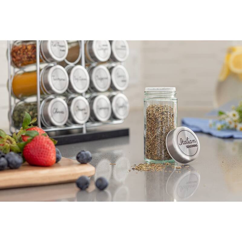 20 Jar Spice Rack Stainless Steel Filled with Spices - Standing Rack Shelf Holder & Countertop Spice Rack Tower Organizer