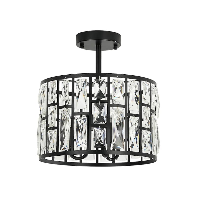 3/5-Light Industrial Vintage Black Drum Semi-Flush Mount Ceiling Light with Crystal Accents
