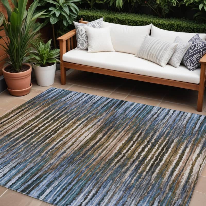 Vara Stripe Low Maintenance Classic Elegance Outdoor Rug - 10' X 14' - Brown/Blue