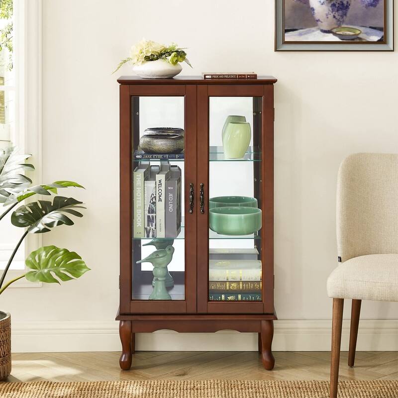 Curio Cabinet Lighted Diapaly Cabinet Wooden Shelving Unit with Adjustable Shelves and Mirrored Back Panel, Tempered Glass Doors