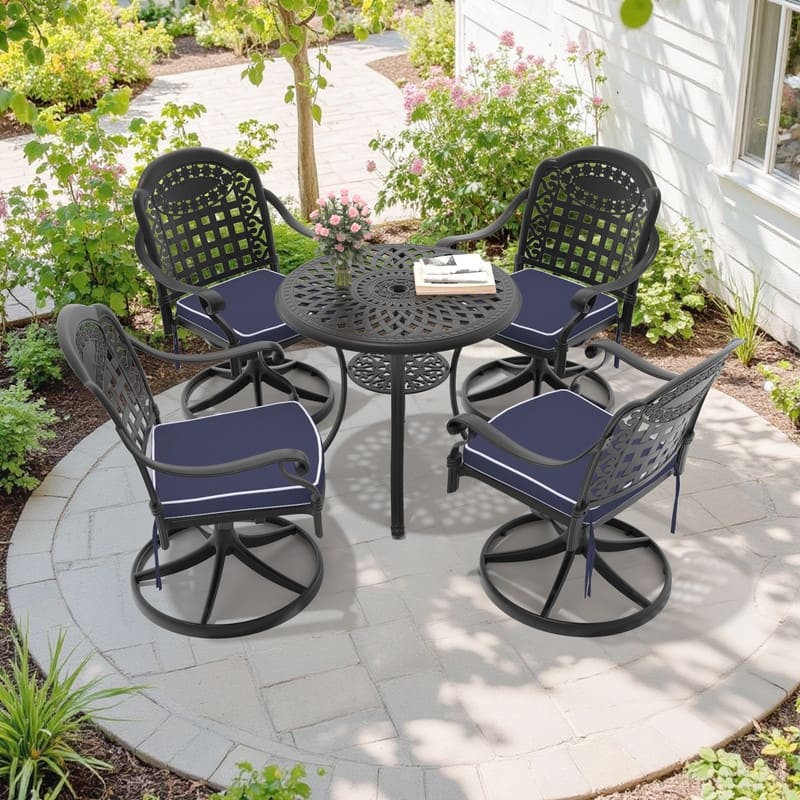 5-Piece Aluminum Round Outdoor Patio Dining Set, 4 Cushioned Swivel Chairs, Table, All-Weather Frames