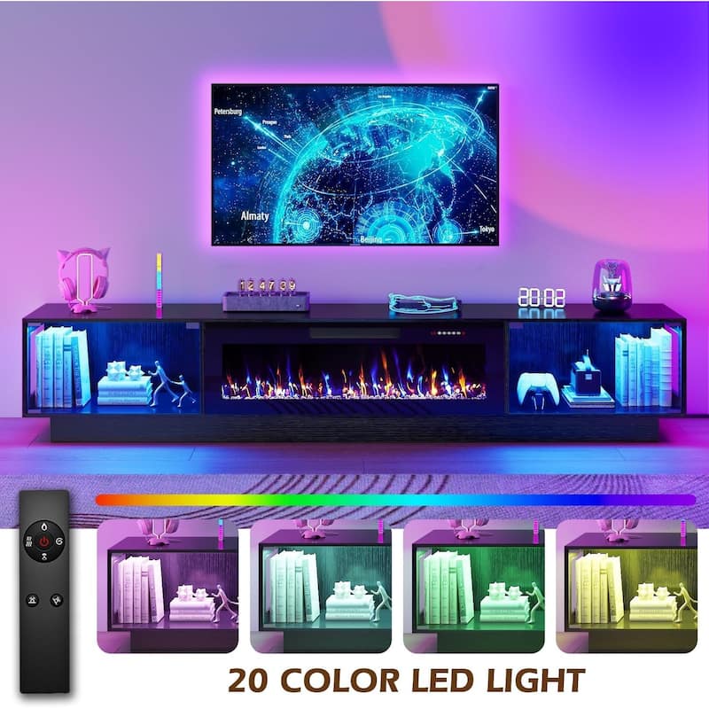 BOSSIN 80" Fireplace TV Stand with Adjustable LED Lights, Modern Entertainment Center with Glass Door Storage Cabinet, Black