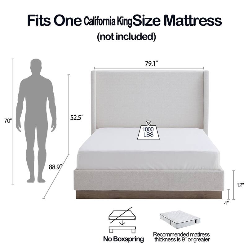 Hosford Upholstered Wingback Bed / Upholstered Wood Base Platform Bed / No Box Spring Needed / California King