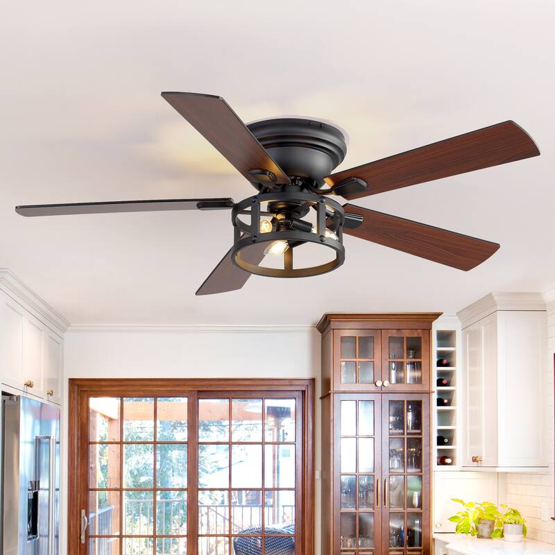 52-inch Flush Mount Caged Ceiling Fan with Light and Remote(5 Reversible Blades)