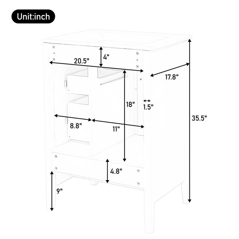 24 inch Bathroom Vanity with Sink, One Cabinet with Soft-closing Door, 3 Soft-closing Drawers, Retro Metal Handles