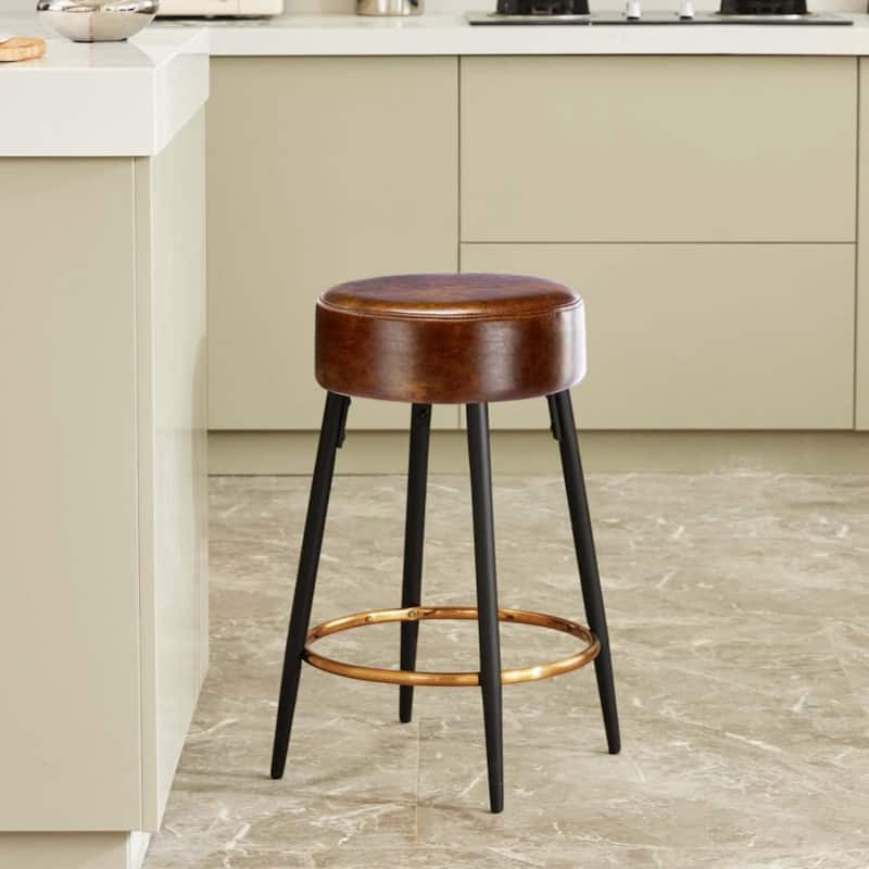 Counter Height Bar Stools Set of 2, PU Kitchen Stools Upholstered Dining Chair Stools 24 Inches Height with Golden Footrest