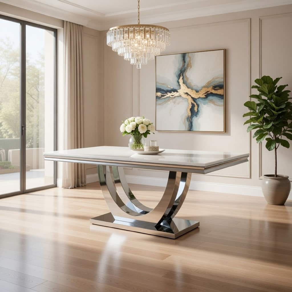 71 Inch Dining Table, Rectangular White Faux Marble Top, Pedestal Base