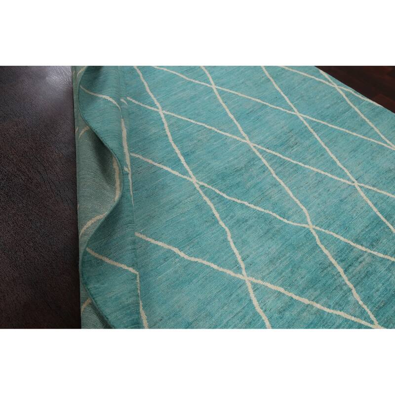 Turquoise Trellis Moroccan Vegetable Dye Area Rug Handmade Wool Carpet - 6'4" x 9'5"