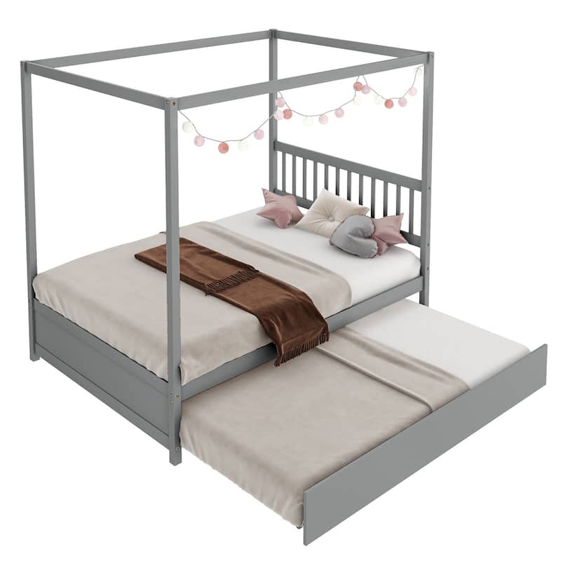 Gymax Full Size Canopy Bed with Trundle Wooden Platform Bed Frame