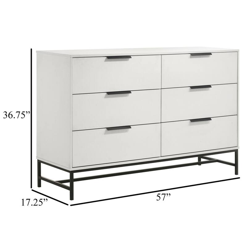 Noro Wide Dresser, 6 Storage Drawers, Modern White, Black Metal Legs