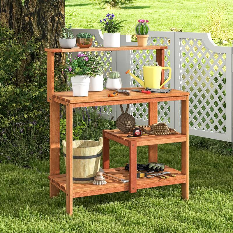 Gymax Outdoor Potting Bench Table w/Open Shelves Teak Oil Finish