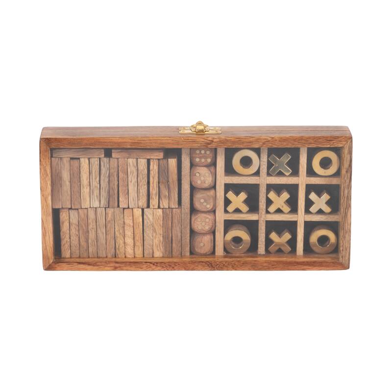 Sagebrook Home 9x4 Mango Wood, Glass & Brass Table Game Box, Elegant Brown Entertainment Piece for Family Gatherings