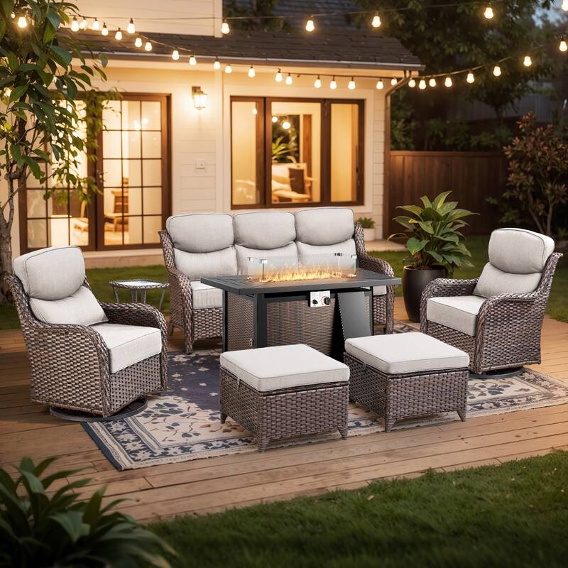Pocassy Patio Furniture Set with 43 inch Fire Pit Table - Beige Cushion Brown Wicker - 7-Piece Sofa Siwvel Chair Ottoman w/ Fire Table