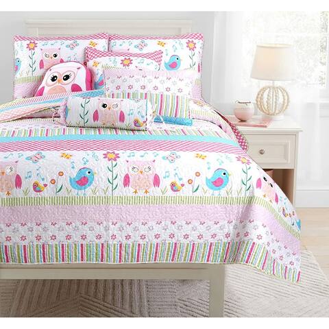 Cozy Line Happy Owl Floral Pink Reversible Quilt Set