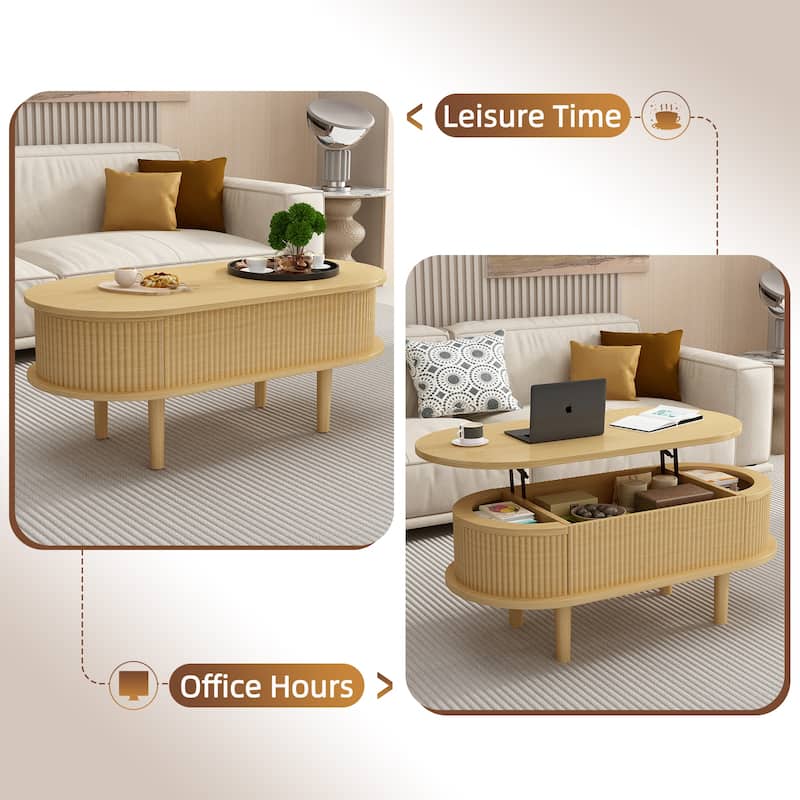 Fluted Lift Top Coffee Table with Hidden Compartment, End Table Natural Wood Side Table Center Table