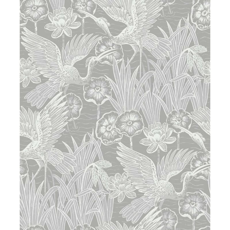 Seabrook Designs Marsh Cranes Nonwoven Unpasted Wallpaper - 20.9 in. W x 33 ft. L - Metallic Anew Grey