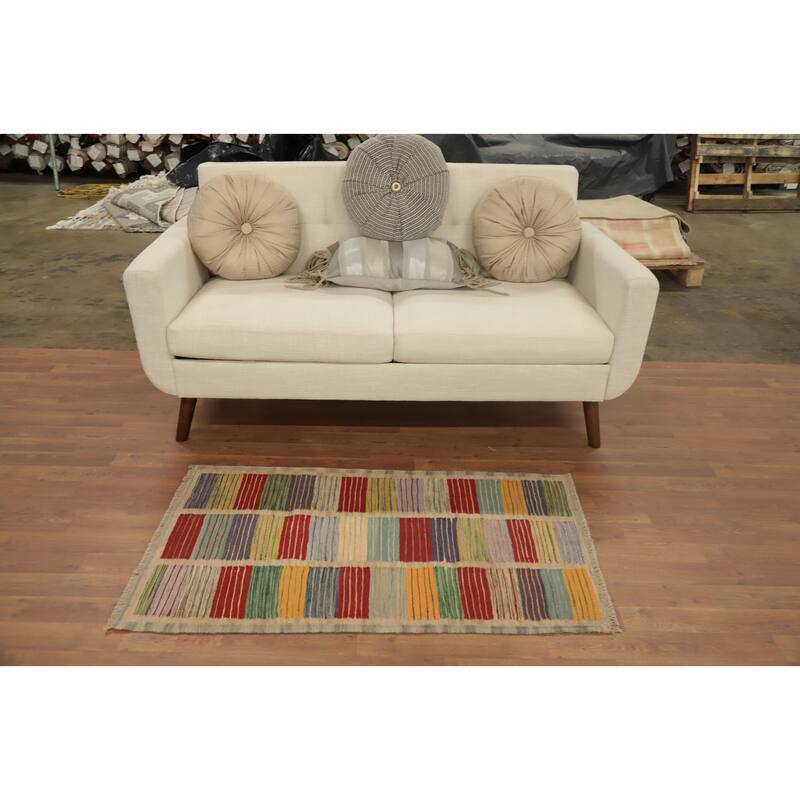 Hand Woven Oriental 100% Wool Carpet Southwestern Modern Multi-Colored Kilim Area Rug - 4' 0'' X 2' 4''