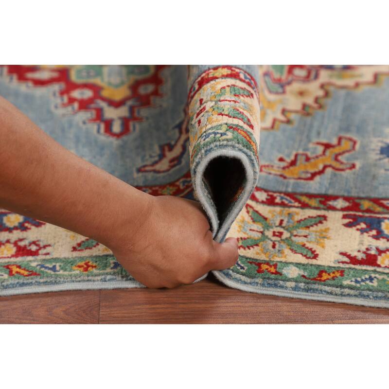 Light Blue Geometric Kazak Accent Rug Handmade Wool Carpet - 3'4" x 4'9"