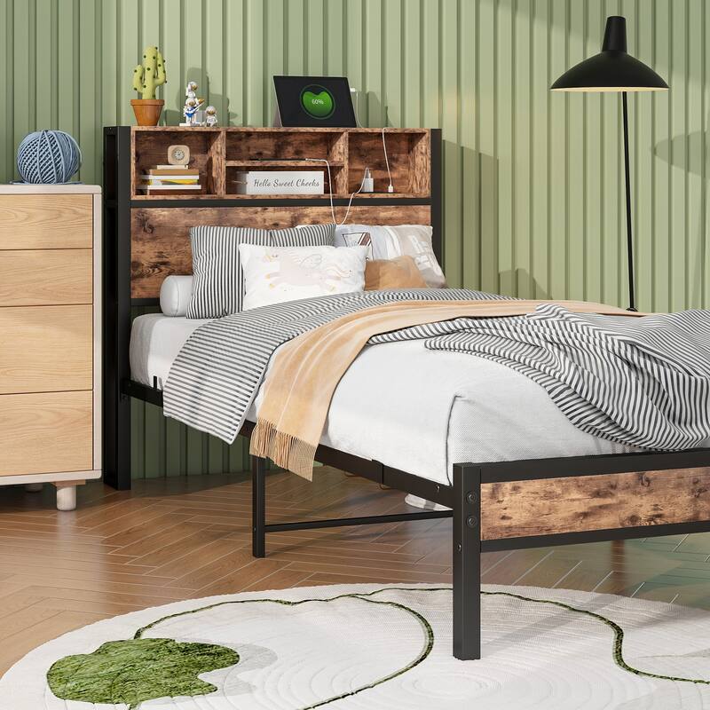 LED Twin Bed Frames Metal Platform Bed with Charging Station and Bookcase Storage