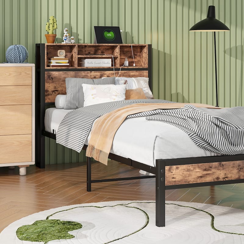 Metal Platform Bed Frame with Wooden Headboard Footboard, Bookcase Storage, Charging Station, No Box Spring Needed, Noise-Free