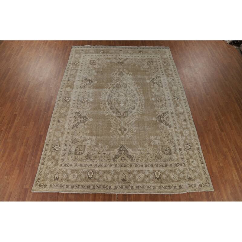 Distressed Tabriz Vintage Persian Rug Hand-Knotted Brown Wool Carpet - 9'6" x 13'3"