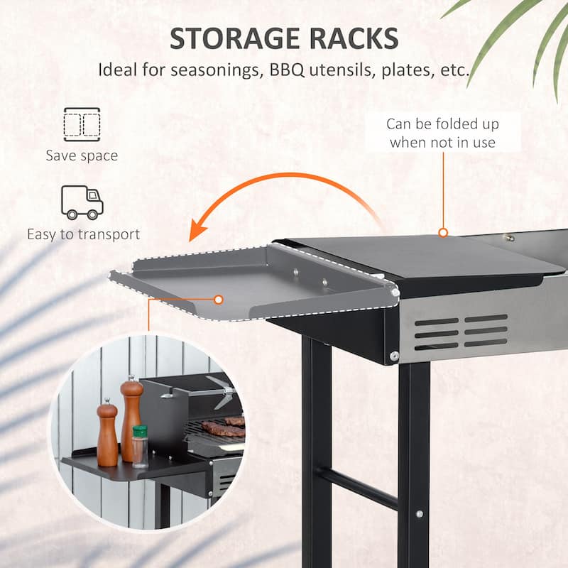 Outsunny BBQ Rotisserie Grill Roaster Charcoal Spit Roasting Machine for Chicken Turkey w/ Grill Grate, Shelves & Wind Deflector