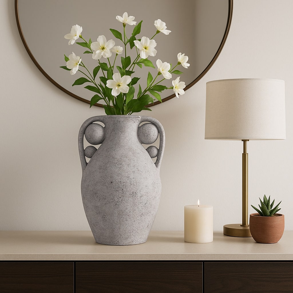 Terracotta Amphora Vase with Orbs Under Handles - Gray, 26"