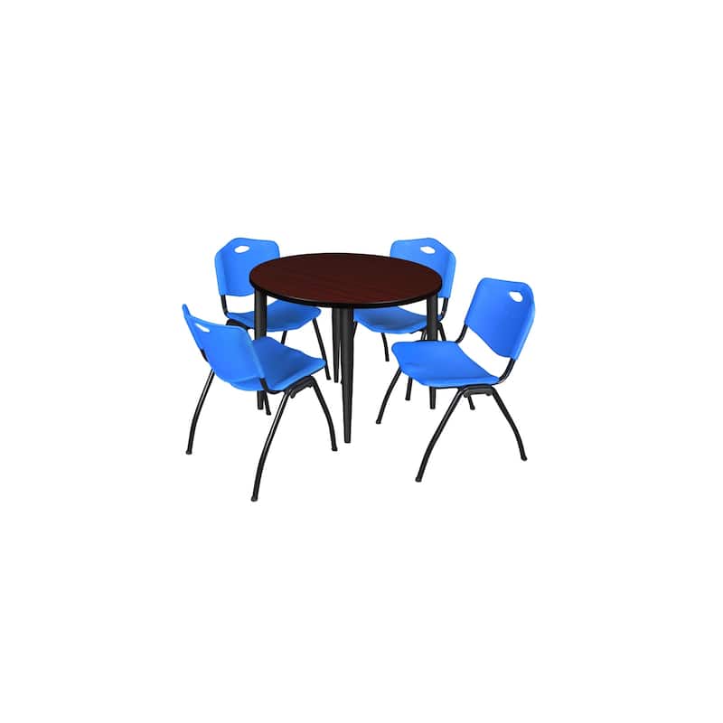 42 in. Round Breakroom Table- Mahogany Top, Black Base & 4 M Stack Chairs- Blue