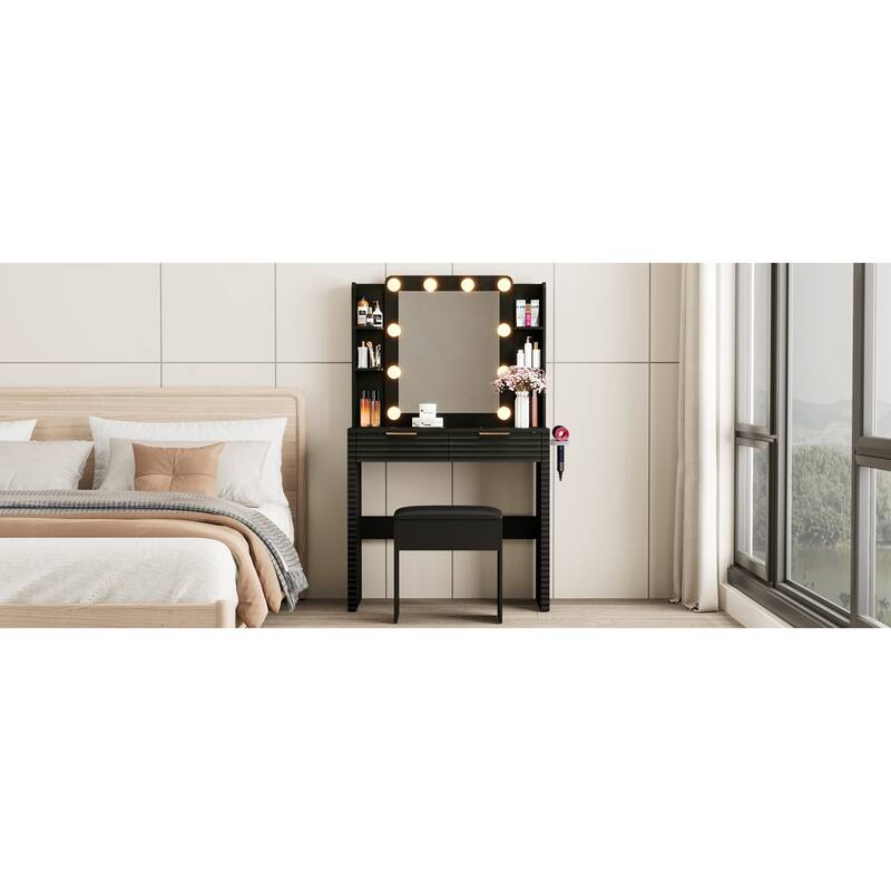Roomfitters Makeup Vanity Table with Hollywood Lighted Mirror, Fluted Ribbed Drawers, Hair Dryer Holder and Stool, Black