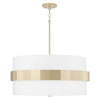 Sutton 4-light Soft Gold Large Drum Pendant w/ White Fabric Shade & Frosted Glass Diffuser