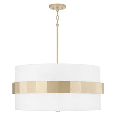 Sutton 4-light Soft Gold Large Drum Pendant w/ White Fabric Shade & Frosted Glass Diffuser