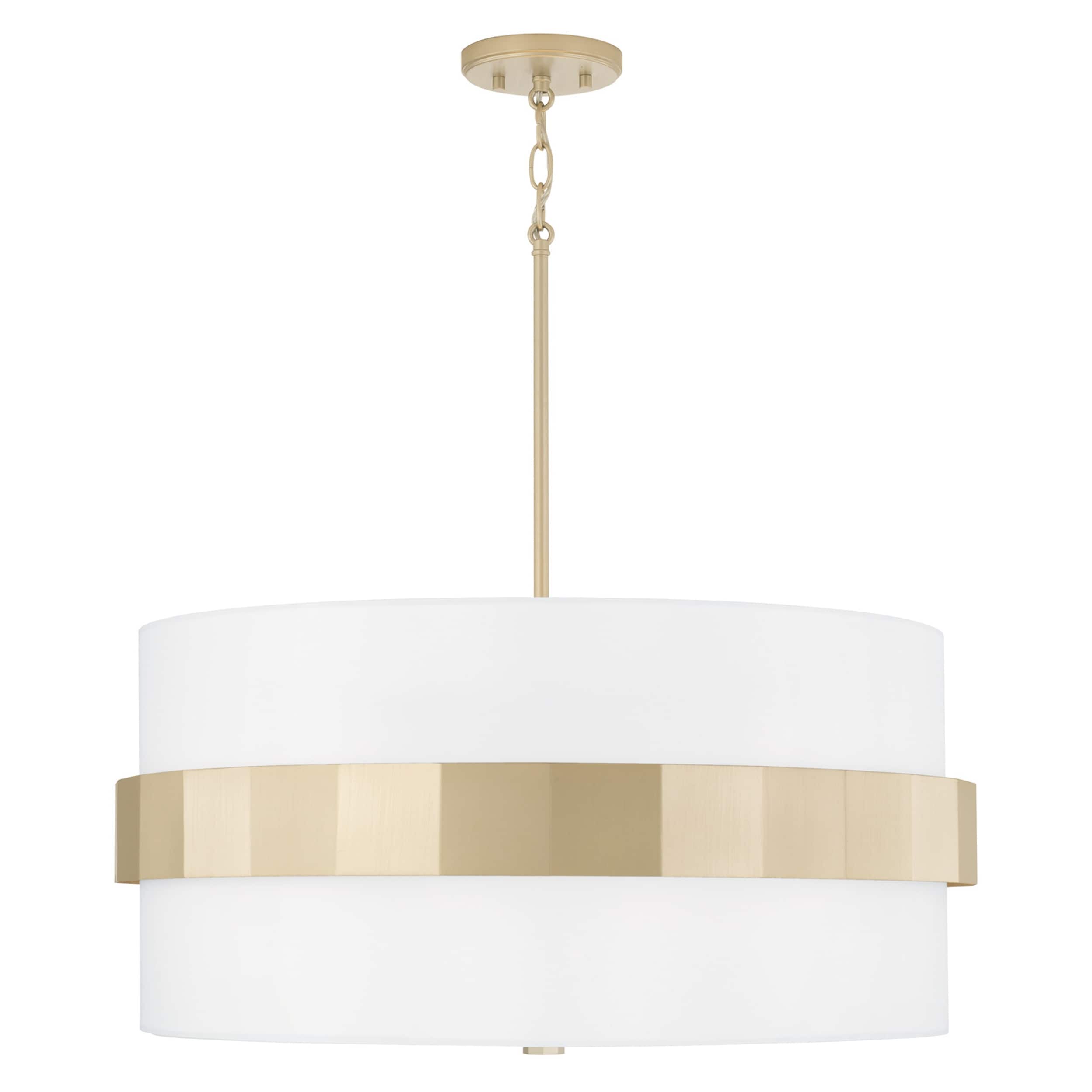 Sutton 4-light Soft Gold Large Drum Pendant w/ White Fabric Shade & Frosted Glass Diffuser
