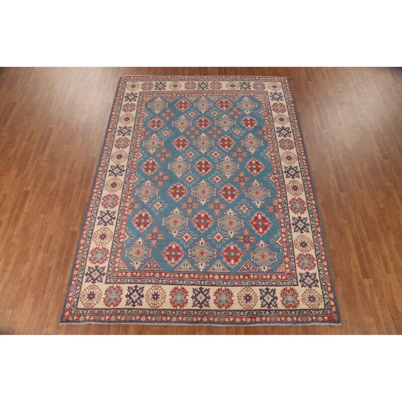 Blue Geometric Kazak Area Rug Handmade Traditional Wool Carpet - 8'2" x 11'6"