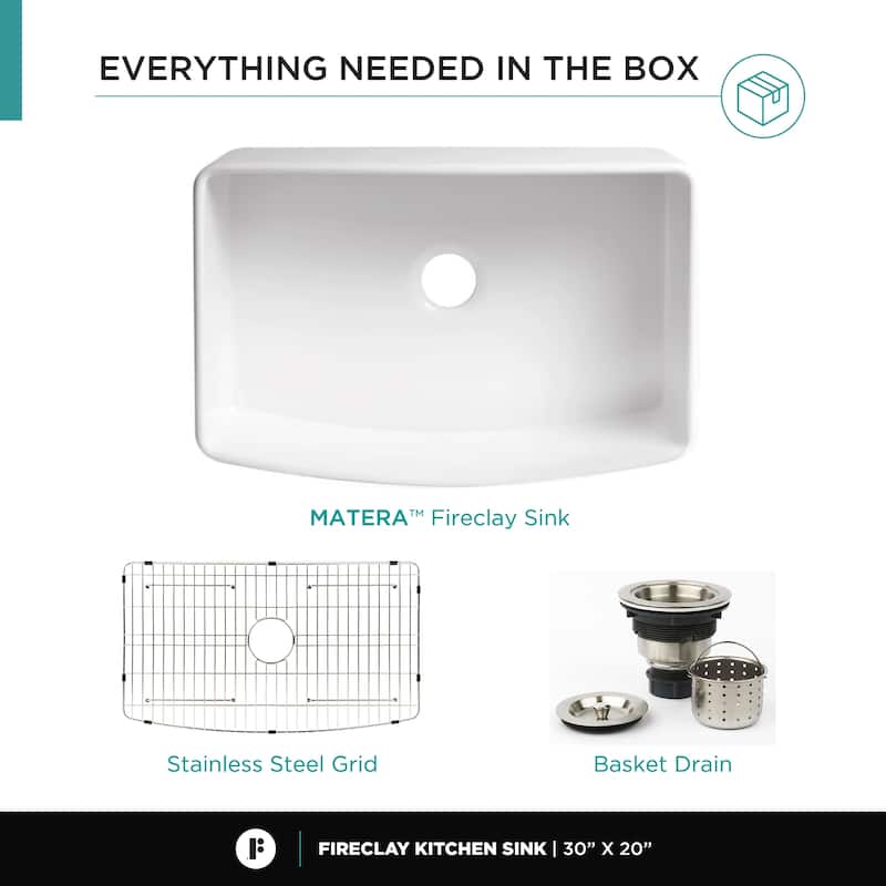Premium White Fireclay Curved Apron Front Kitchen Sink for Home, Farmhouse (Grid & Strainer Included)