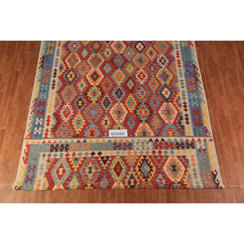 Geometric Kilim Oriental Area Rug Hand-Woven Wool Carpet - 8'5"x 11'5"
