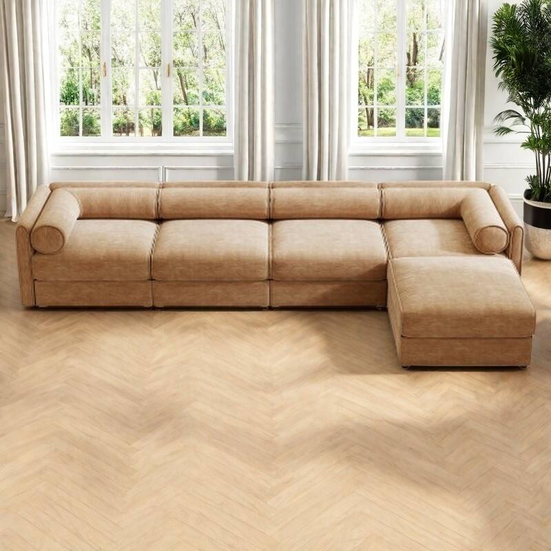 Modern Chenille 6-Seater Sofa with Ottoman Storage, Hidden Storage, Cylindrical Cushioned Arms and Backrest - 4 Seater with Ottoman Camel