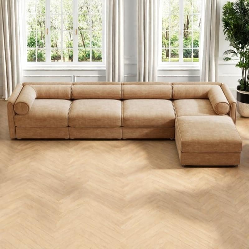 Modern Chenille 6-Seater Sofa with Ottoman Storage, Hidden Storage, Cylindrical Cushioned Arms and Backrest